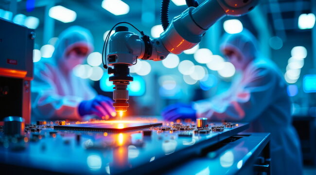 A robotic arm uses a laser to create a computer microchip, with scientists in the background.