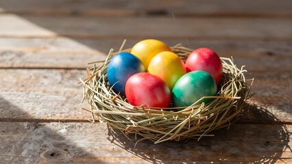 Fototapeta premium Nest with easter eggs on wooden background