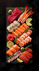 Assorted Sashimi on Dark Stone Slate with Lime and Wasabi