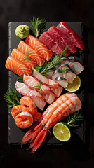 Assorted Sashimi on Dark Stone Slate with Lime and Wasabi