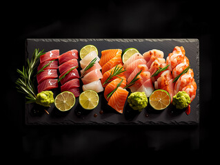Assorted Sashimi on Dark Stone Slate with Lime and Wasabi