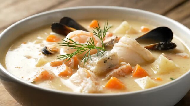 Creamy Seafood Chowder Served in a White Bowl, Garnished with Shrimp, Mussels, and Fresh Dill on a Rustic Wooden Table.