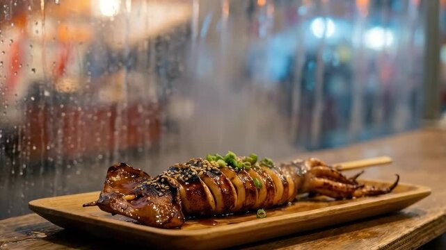 ikayaki - A succulent grilled squid displayed on a wooden platter, garnished with green onions and sesame seeds, against a misty backdrop creating an inviting food market atmosphere