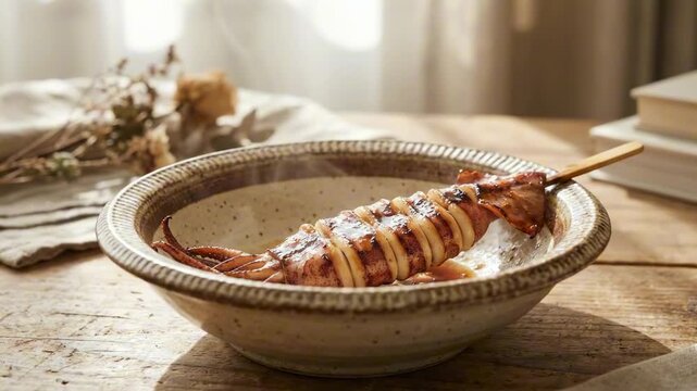 ikayaki - A delicious grilled squid skewer placed in a rustic ceramic bowl on a wooden table, surrounded by soft light and natural elements, creating a warm and inviting dining atmosphere