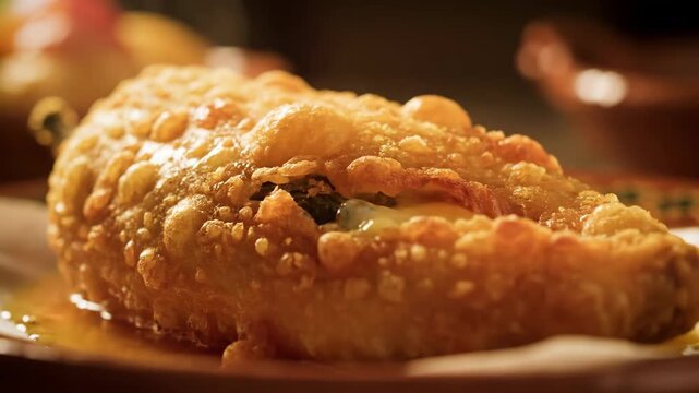 Extreme close-up of a golden crispy fried Chile Relleno, showcasing the crunchy, textured batter and melted cheese filling in dramatic warm lighting.