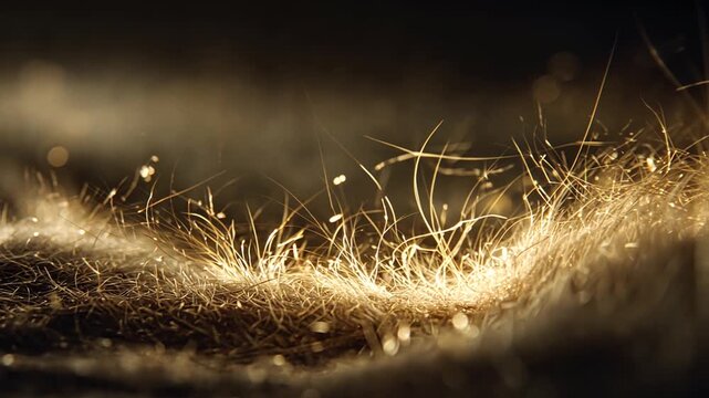 Golden sparks fly through a dark environment with glowing fibers and particles in motion.