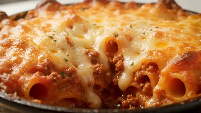 Extreme Close-up of Baked Ziti or Rigatoni Pasta Casserole Topped with Melted Golden Cheese and Rich Meaty Ragu Sauce, Comfort Food.