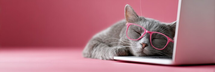 Gray cat wearing pink eyeglasses sleeping soundly on an open laptop keyboard, symbolizing exhaustion, overworking, or a funny break from technology on a pink background