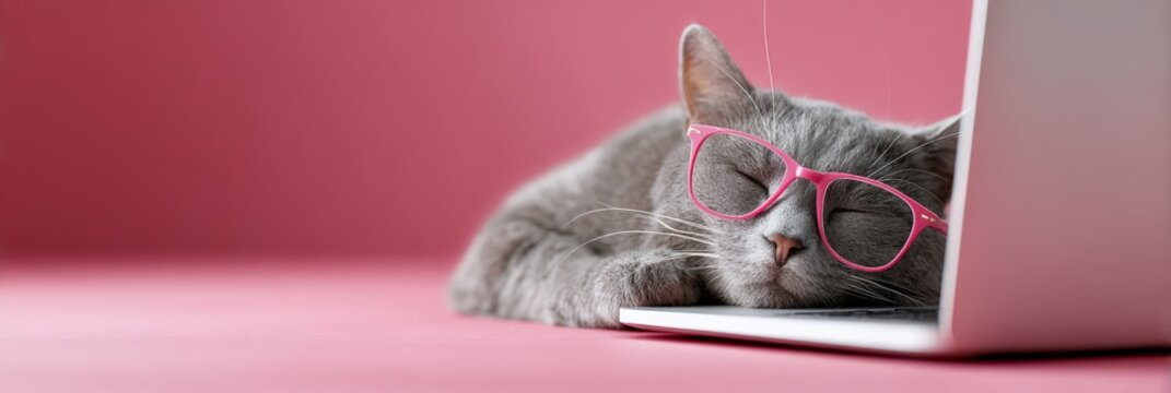 Gray cat wearing pink eyeglasses sleeping soundly on an open laptop keyboard, symbolizing exhaustion, overworking, or a funny break from technology on a pink background