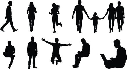 Obraz premium Black silhouettes of people in various poses on white background silhouettes, people, black, white background, walking, running, jumping, sitting, working on laptop, holding hands, family, individuals