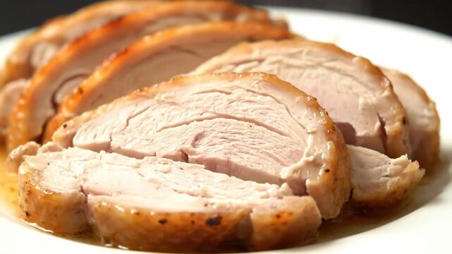 Appetizing close-up of perfectly sliced roasted chicken or turkey breast with crispy golden skin and savory pan jus served on a white plate.
