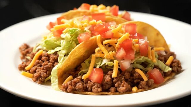 Close-up of Two Delicious Hard Shell Tacos Filled with Seasoned Ground Beef, Fresh Shredded Lettuce, Diced Tomatoes, and Cheddar Cheese on a White Plate