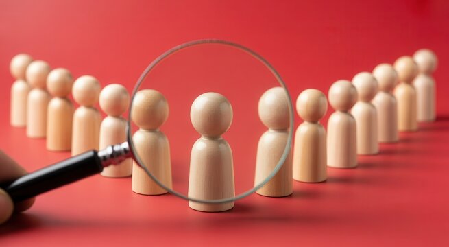 Recruitment and selection process magnifying glass focusing on a specific candidate among a group of wooden figurines