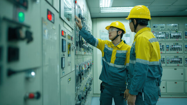 Two engineers inspect electrical panels and control equipment in an industrial power plant wea safety helmets and uniforms with care.