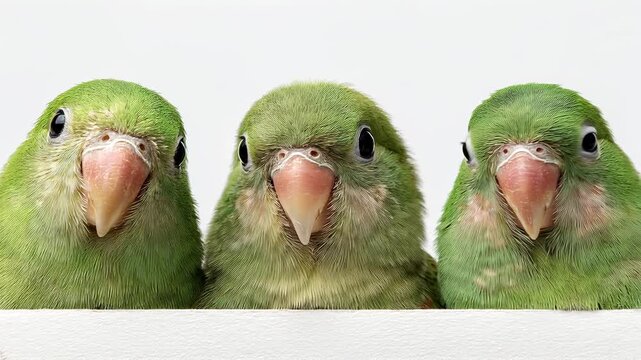 Three cute green plain parakeets isolated on a white background peeking with curiosity over a wall, their little heads moving and looking directly at the camera in a funny and adorable way