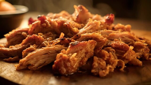 Close-up shot of hot, steaming shredded barbecue meat, possibly pulled pork or carnitas, piled on a rustic wooden cutting board, showcasing delicious texture and rich brown color.