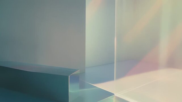 Minimalist studio background creating an abstract futuristic design and modern aesthetic, displaying subtle light refractions, iridescent colors, and clear reflections on surfaces