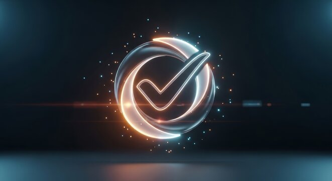 Ultra high resolution visualization of a central glowing quality certification checkmark icon with subtle neon highlights, minimal and balanced composition in softly defocused dark business background
