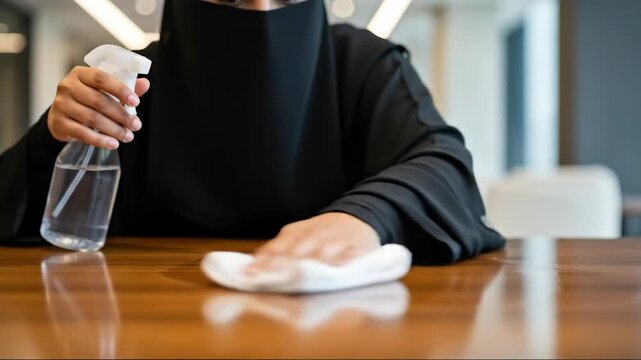 Efficient surface cleaning with spray and cloth by a person in black attire