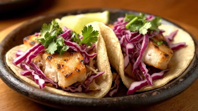 Authentic grilled fish tacos topped with fresh red cabbage, cilantro, and lime, served on a rustic dark plate. Close-up of gourmet Mexican street food.