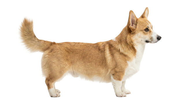 Adorable Pembroke Welsh Corgi dog, full body side profile, standing alert with a fluffy tail, featuring red and white fur, isolated on transparent background.