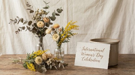 Rustic floral arrangement with greeting card on wooden surface.