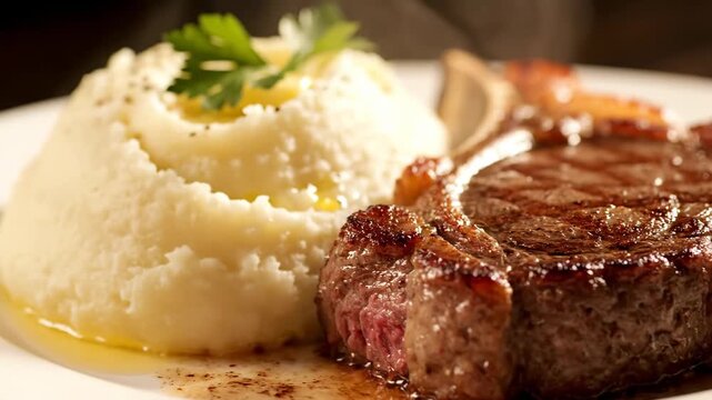 Gourmet Grilled Steak and Creamy Mashed Potatoes Plate. Close-up of a perfectly cooked medium-rare beef ribeye served with gravy and herb garnish in a fine dining setting.