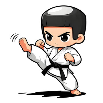 Little baby boy in TAEKWONDO dobok kimono on white background. The concept icon of martial arts, karate, judo, sports since childhood, discipline. Defence concept with copy space.