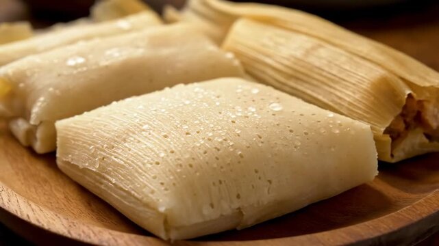 Macro shot of freshly steamed traditional tamales on a rustic wooden platter, highlighting the moist texture of the corn masa dough.
