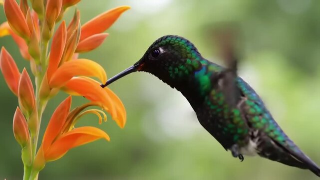 Hummingbird feeding on orange flower close up wildlife nature and beauty