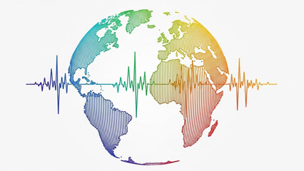 Fototapeta premium Vibrant earth globe with multicolor heartbeat line symbolizing global health and unity in diversity on white background