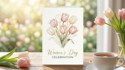 Delicate pink tulips arranged on bright background with soft shadows and romantic mood.