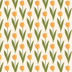 Floral  Yellow Tulip Seamless Pattern. Vintage Style Spring Tulips Botanical Background