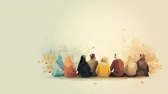 A group of people sitting in a row, with a leafy background. Faith and togetherness concept art, muslim community gathered calmly, modest lifestyle focus, clean background, peaceful and professional 