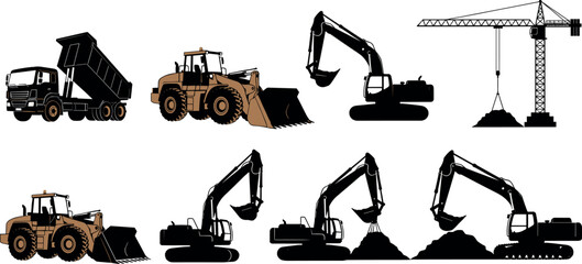 Heavy construction machinery silhouettes set featuring excavators, wheel loaders, dump trucks, tower crane, earthmoving operations, industrial vehicles, and infrastructure development illustration © Emon