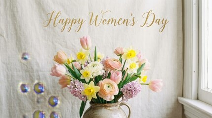 Bouquet of pastel flowers in a vase with warm light, cozy home atmosphere.