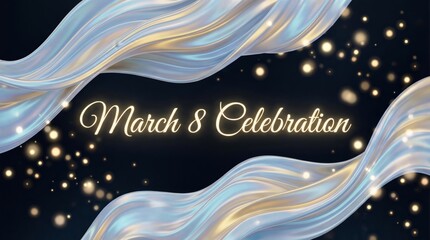 Abstract blue and gold background with dynamic curves and March 8 celebration theme.