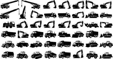 Large construction machinery silhouettes collection featuring excavators, cranes, dump trucks, bulldozers and heavy industrial vehicles for engineering projects isolated on white background © Emon