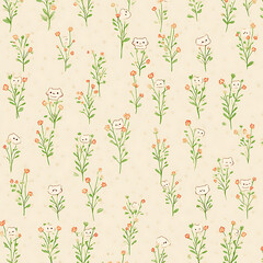 Obraz premium Whimsical floral pattern featuring cute cat faces among colorful flowers on a soft background