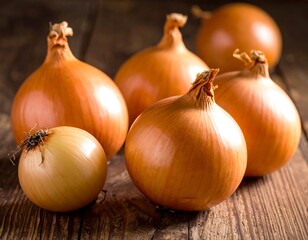 A close-up photo of five golden-brown onions on a wooden surface