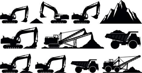 Mining and excavation machinery silhouettes collection featuring excavators, dump trucks, conveyor systems and mountains illustrating heavy industrial mining operations isolated on white background © Emon