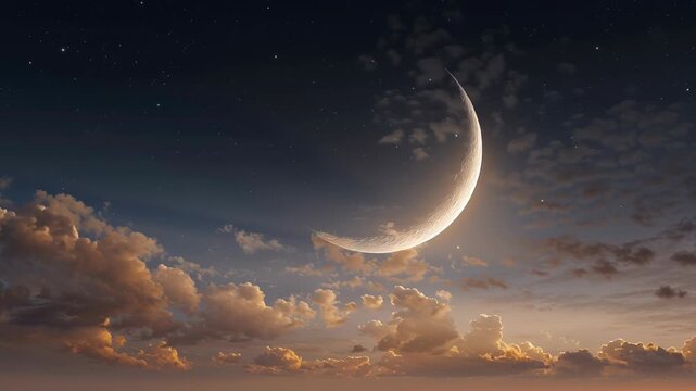 A crescent moon is shining brightly in the night sky. Islamic ramadan night atmosphere, crescent moon with subtle stars, clean sky composition, muted tones, tranquil spiritual feeling