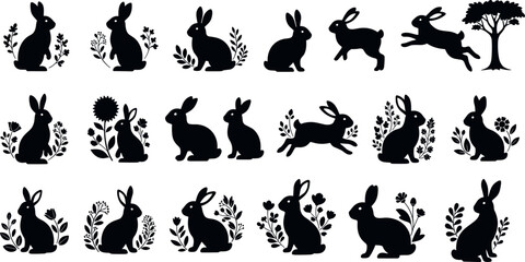 Rabbit silhouettes collection featuring cute bunny poses with floral elements, wildlife animal shapes in nature scenes, black vector illustrations isolated on white background