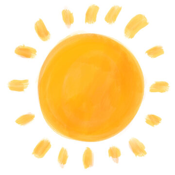 Painted sun illustration in doodle childish style. Watercolor illustration on transparent background.