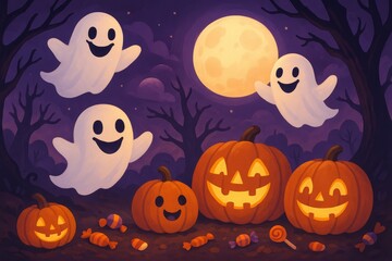 Fototapeta premium Cute cartoon ghosts float joyfully near smiling pumpkins on Halloween night with a bright moon and scattered candy on the ground