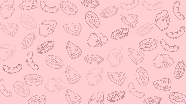 Food pattern on pink background, perfect for food blogs, recipe cards, menu designs, and childrens party decorations. Vibrant and playful imagery.