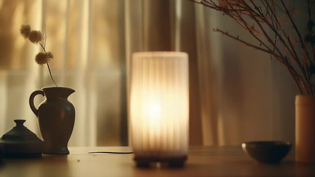 Modern pleated table lamp casting warm golden light over a wood table, creating a cozy, peaceful evening ambience in a stylish, minimal home interior with soft focus background