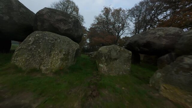 First person view flying around prehistoric dolmen monument