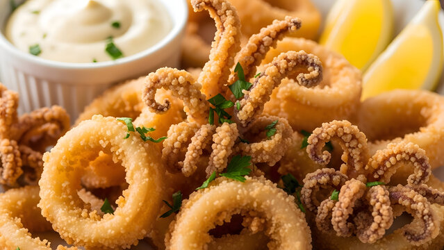 Crispy fried calamari with tartar sauce and lemon wedges golden brown and delicious served with fresh parsley garnish