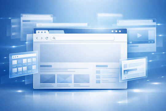 Abstract Digital Interface Windows and Web Browser Frames on Blue Technology Background